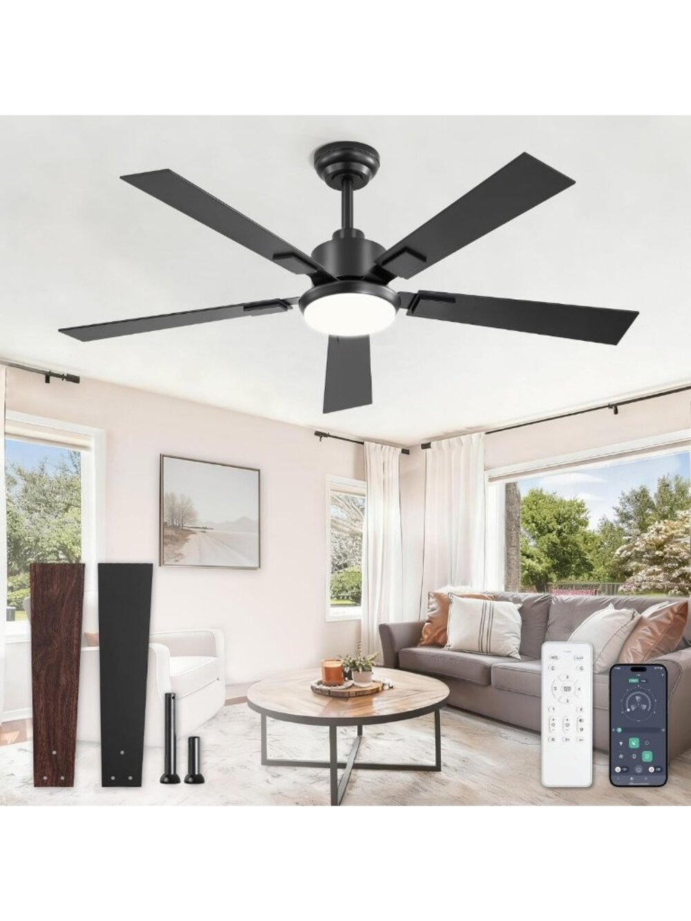 52-Inch Ceiling Fan with Dimmable LED Lights & Remote Control - Modern Home